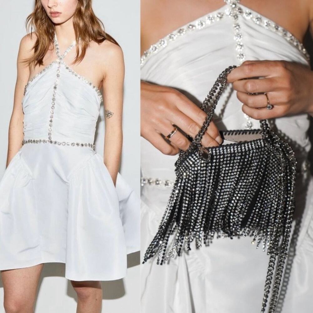 Self-Portrait White Taffeta Diamanté Embellished Trim Halter Neck Mini Dress